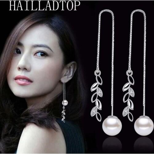 Long Fringe Pearl Ear Line Crystal Hollow Leaves Dangle Earrings Silvery Long Earring Pearl Tassel Earrings Circular Inlaid Drop