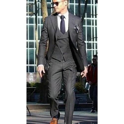 Italian Custom Made Gentleman Charcoal Wedding Prom Men Suits Morning Tuxedos Groom Business Suit Jacket+Pants+Vest+Tie+Pants+V
