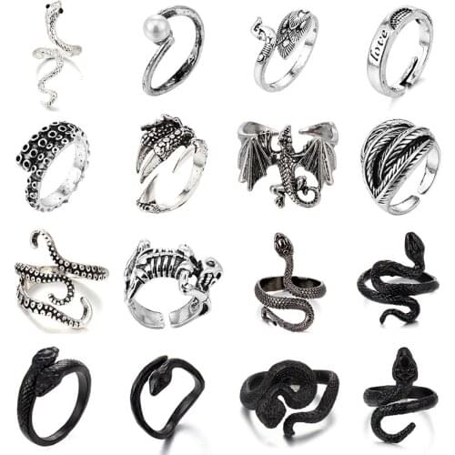 Snake Rings Black Silver Color Metal Punk Open Adjustable Ring Design Animal Index Finger Rings for Women Men Party Jewelry Gift