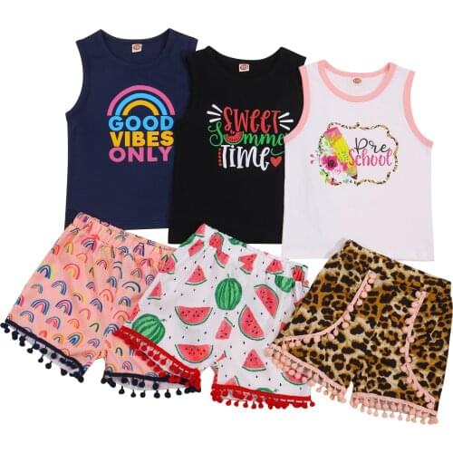 Girls Clothes Set 2021 New Summer Sleeveless T-shirt and Print tassel Shorts for Girl Kids Clothes Children Clothing 0-4Y
