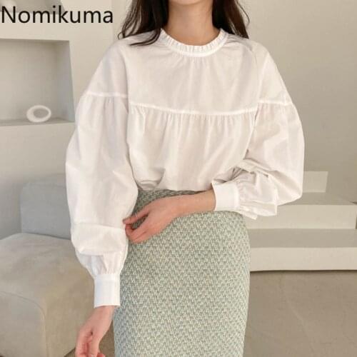 Nomikuma Korean Chic Sweet Doll Shirts Causal Single Breasted Pleated O-neck Women Blouses Spring 2021 New Blusas Mujer 6G105