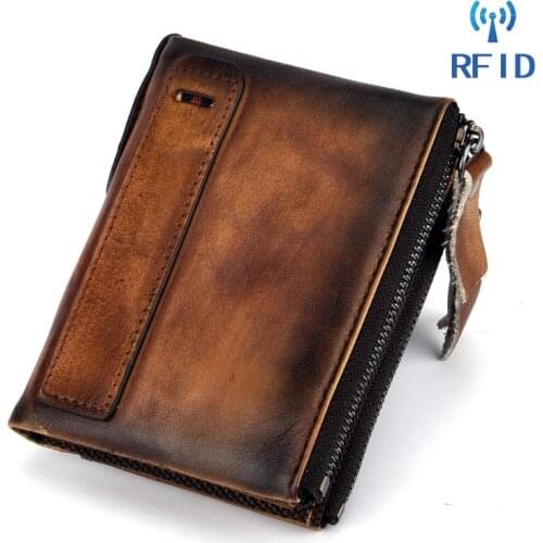 Genuine Leather Wallet Men Coin Pocket Short Clutch Male Card Holder Double Zippers Wallet Leather Money Coin Purse Small 2019