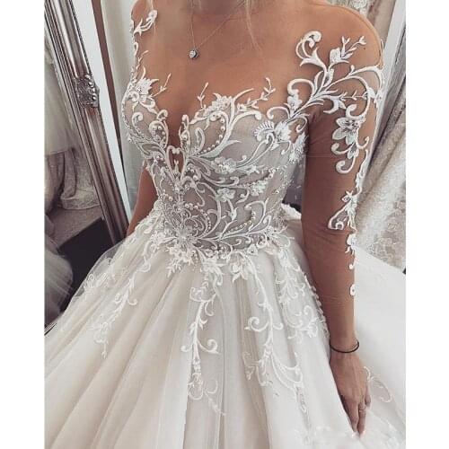Charming Lace Wedding Dress 2021 Robe De Mariee Sheer Long Sleeve Bride Dresses Custom Made Illusion Bride Gown Vestido De Noiva