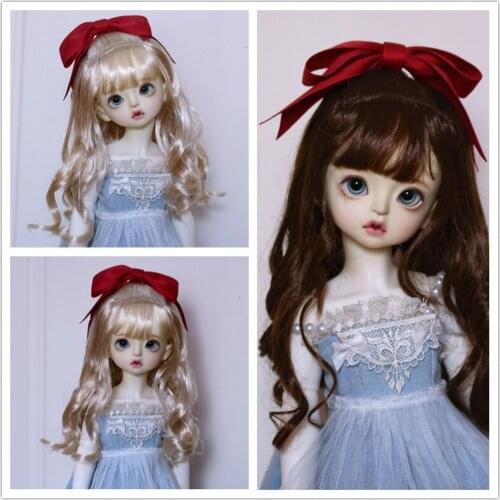 BJD doll wig suitable for 1/3 1/4 1/6 and Blythes size fashion new big bow bang half horse soft silk wig deep brown light gold