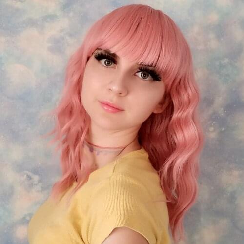 Pastal Wavy Wig With Air Bangs Shoulder Length Short Bob Curly Synthetic Heat Resistant Colorful Costume Cosplay Wig 14 Inch