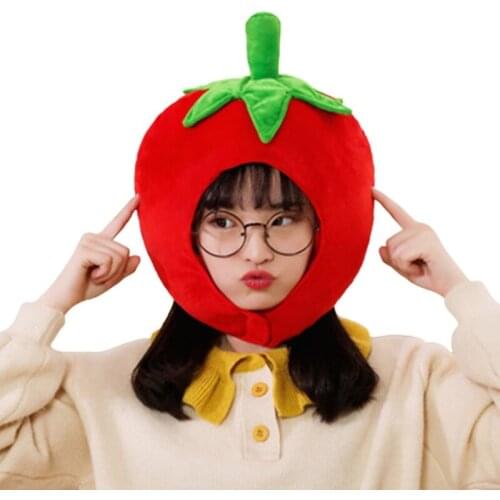 Lovely Tomato Shape Plush Hat Funny Fruit Stuffed Toys Headgear Warm Earflap Cap Performance Cosplay Party Photo Props