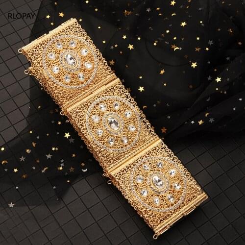 Luxury Wide Bridal Belts Full Rhinestones Hollow Out Metal Waist Belts Long Chain Crystal Belt Big Gold Wedding Belts