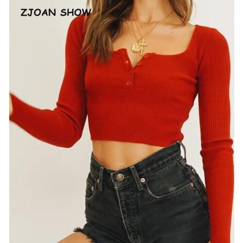 2021 Women Rib Knit Open Buttons Round collar Sweater Vintage Exposed navel Short Pullover Knitwear Long sleeve Cropped Jumper