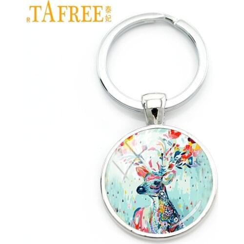 TAFREE fashion Sika deer keychain Painting Multicolour cute deer Glass Cabochon Pendant Metal Keychain jewelry TB24
