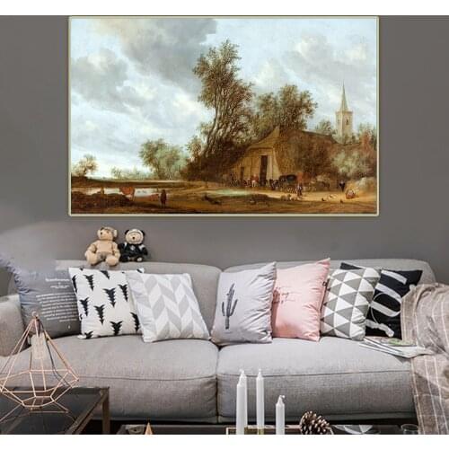 Jacob van Ruisdael《The halt at the inn》Canvas Oil Painting Aesthetic Poster Picture Wall Hanging Decor Room Decoration
