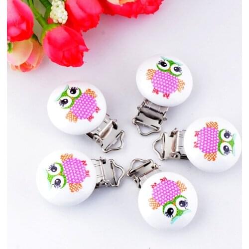 5PCs Baby Pacifier Clips Mixed Animal Owl Pattern White Wood Metal Holders Cute Infant Soother Clasps Accessories 4.4x2.9cm