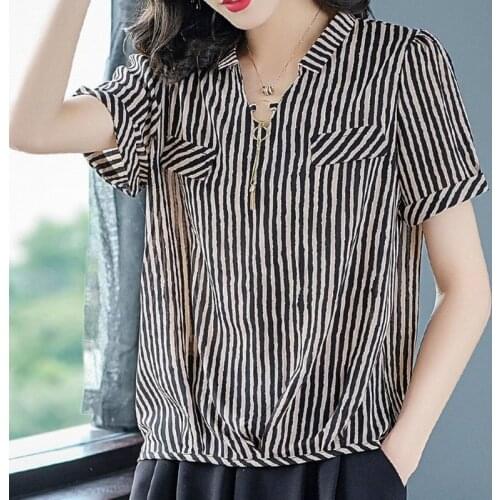 Women Spring Summer Style Chiffon Blouses Shirts Lady Casual Short Sleeve V-Neck Striped Printed Chiffon Blusas Tops ZZ0194