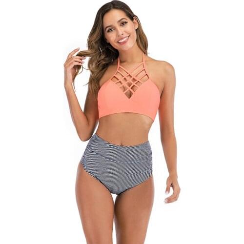 Women 2 Pieces Swimsuit Cross Bandage Halter Push Up Padded Bra High Waisted Thong Bikini Set