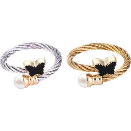 Chran Exquisite Shell Pearl Design Enamel Butterfly Rings for Women Fashion Elastic Stainless Steel Cable Finger Ring