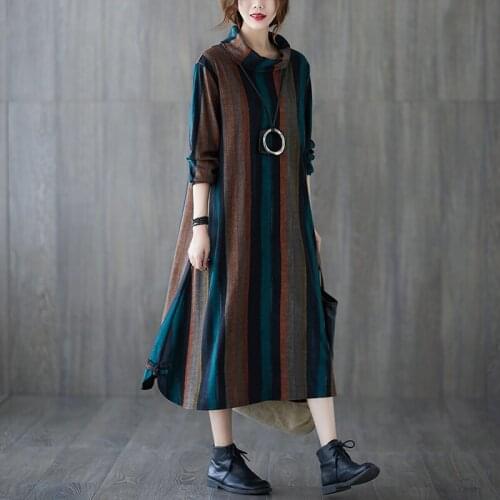 Plus Size Women Dress Vintage Winter Cotton Thick Turtleneck Female Vestido Loose Striped Elegant Lady Dress 2021 RH899