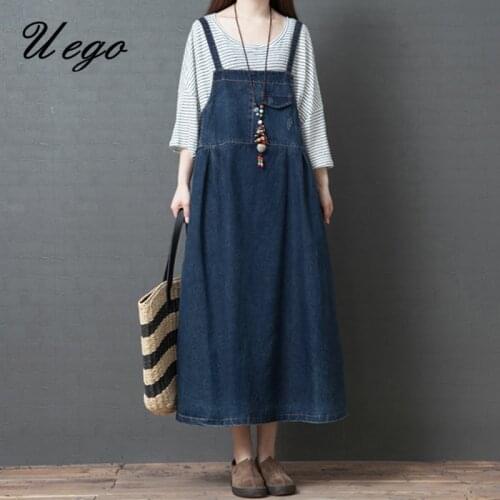 2021 New Arrival Korea Fashion Preppy Style Denim Strap Dress Plus Size Loose Women Spring Casual Dress Female Autumn Midi Dress