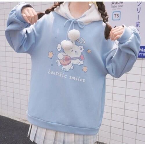 Deeptown Kawaii Hoodies Winter Fashion 2020 Cute Pullover Women Long Sleeve Print Sweatshirt Loose Plus Velvet Hoodies Women