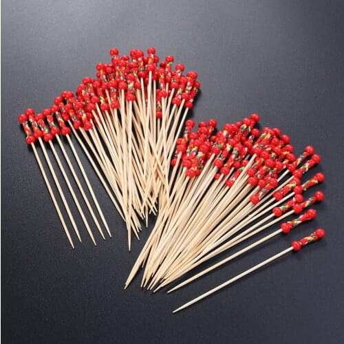 Food Picks Cocktail Fruit Appetizer Drink Picks Sticks Disposable Wood Toothpicks Party Supplies (About 100pcs, Double Red Beads