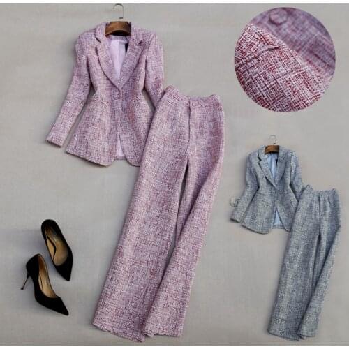 Elegant Office Lady Autumn Winter Woolen Suit Blazer and Wide Leg Pants Women Clothing Set Fashion OL Set