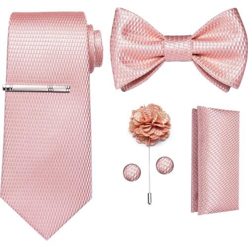 Solid Pink Plaid Ties For Men Fashion Mens Self Tie Bow Tie Pocket Square Cufflinks Set Men Neck Tie Clip And Brooch