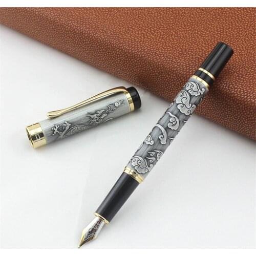 Jinhao 5000 Vintage Luxurious Metal Fountain Pen Beautiful Dragon Texture Carving, Gray Color Ink Pen for Office Business