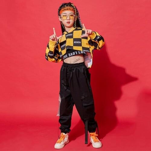Hip Hop Costumes Girls Jazz Clothing Street Dance Outfit Children Modern Dance Stage Show Wear Fashion Yellow Plaid Top DNV12168