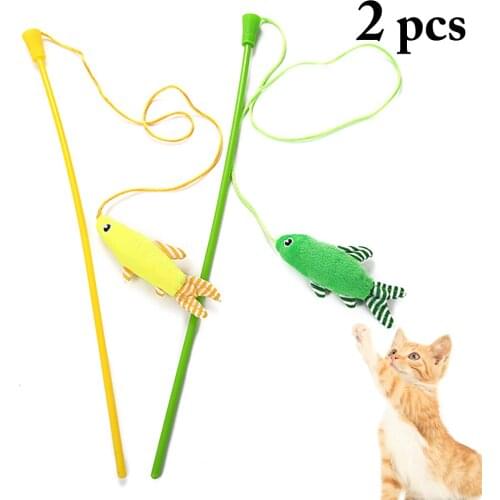 2pcs Cute Cartoon Fish Plush Cat Teaser Toys Kitten Funny Cat Teaser Wand Toys Pet Cat Toys Interactive Stick Pet Cat Supplies