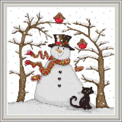 Joy Sunday Snowman Cross Stitch Patterns Embroidery Kit 14CT Printed Fabric DIY Cartoon Handmade Needlework Set 11CT White Cloth