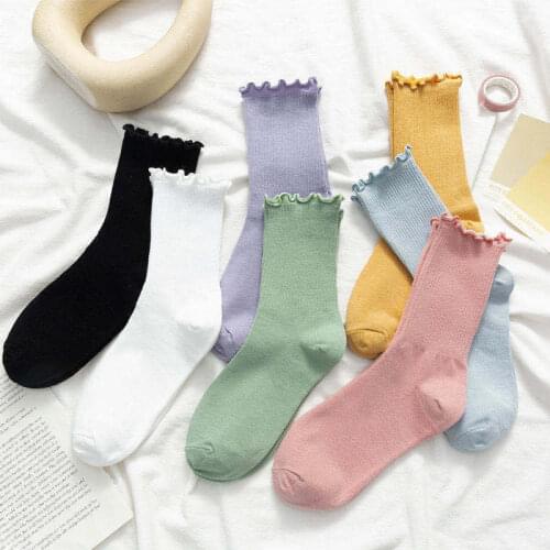 Spring summer Solid color Socks Women Kawaii Cute Frilly Ruffle Socks Cotton Japanese Fashion Purple Woman Crew Socks Female