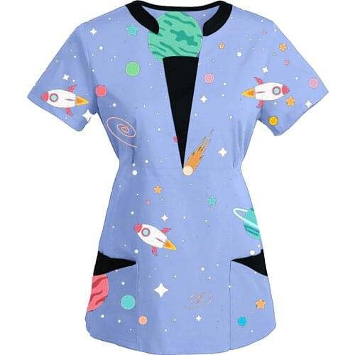 Novelty Graphic Tee For Workers Health Care Work Uniform With Pocket Short Sleeve V-Neck Nursing Scrubs Tops Gorro Enfermera A50