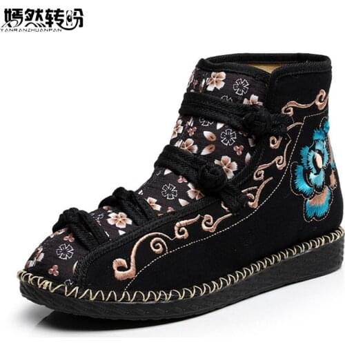 New Arrive Chinese Women Boots Flower Embroidered Ethnic Woman Ankle Boots Brathable Ladies Wedges Platform Shoes Zapato Mujer