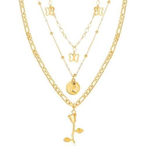 Charm Gold Rose Flower Round Head Portrait Disc Pendant Necklaces Multilayer Chain Butterfly Necklace Jewelry for Women Female