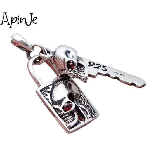 Apinje Genuine 925 Sterling Silver Skull Pendant for Men And Women Key Lock Punk Gothic Jewelry