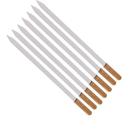 23.5" 60cm Stainless Steel BBQ Skewers Long Handle Barbecue Skewer Kabob Flat Rubber Wood Large Wide Grill Fork Stick 2-6pcs