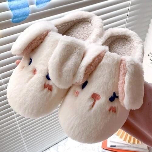 Women Men Winter Warm Slippers Cartoon Rabbit Bear Furry Thick Soled Shoes Home House Couple Boys Gilrs Non-slip Faux Fur Slides