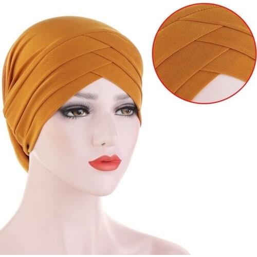 Forehead Cross Muslim Turban Pure Color Stretch Cotton Inner for Caps Ready To Wear Women Head Scarf Under Bonnet