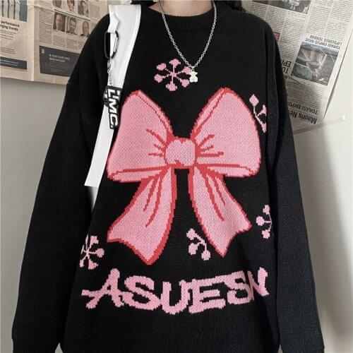 Women tunic Autumn and winter new round neck bowknot jacquard loose thick sweater bf wind all-match knitted top y2k bebobsons