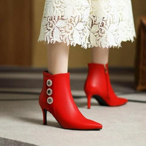 2021 New Winter Mature Lady Pumps Pointed Toe 8cm Thin High Heels Sexy Women Stilettos Ankle Boots With Button Big Size 33-45 44