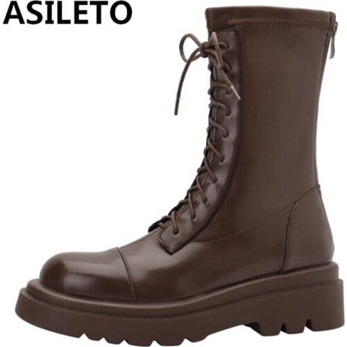 ASILETO Women Platform Mortorcycle Ridding Midcalf Boots Lace Up 6cm Low Square Heel Round Toe Footwear 43 Black Brown S2435