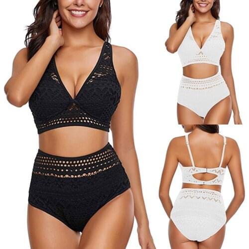 Womens Two Pieces Crochet Lace High Waist V Neck Bikini Set Swimsuit 2020 Sexy Women High Waist Bikini Swimsuit Swimwear #W
