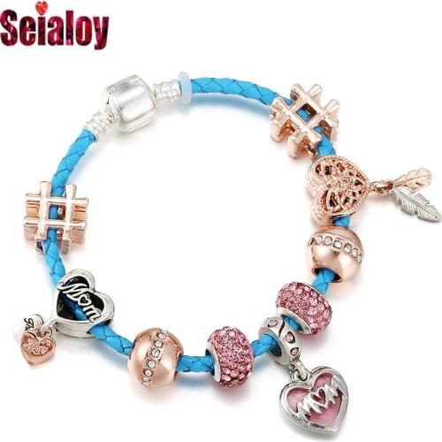 Seialoy Rose Gold Pink MOM Charm Blue Leather Bracelets For Women Heart Dream Catcher Dangle Bead Charm Bracelet Jewelry Gifts