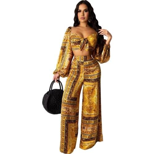 Womens Sexy 2 Pieces-Fashion Printed Tie Knot Wrapped Top + Wide Leg Pants Set