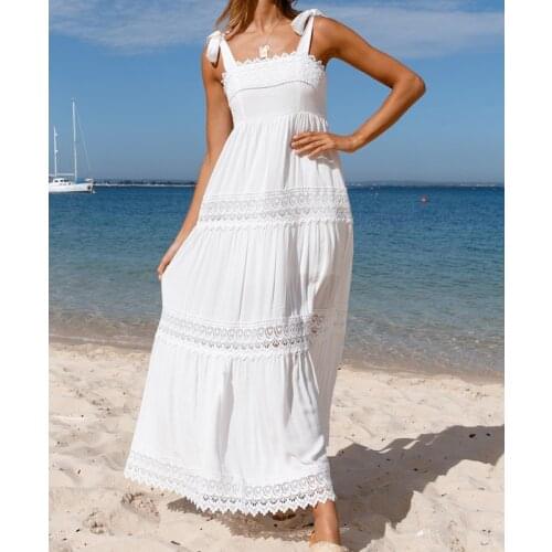 Womens Beach Dresses White 2021 Women Summer Lace Splicing Sleeveless Long Strap Dress Suspender Sundress Vestidos