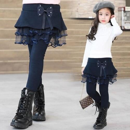 2019 Winter Girls Warm Skirts Pants For Kids Patchwork Bowknot Princess Leggings Kids Dance Pants Cake Skirt Trousers