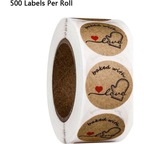500pcs/roll Round Kraft Baked with Love Stickers Seal Labels Handmade Scrapbook E15B