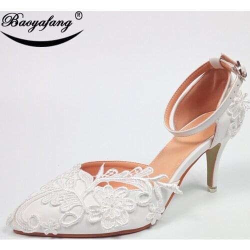 BaoYaFang 8cm thin heels shoes Woman Appliques ankle strap Buckle fashion shoes Sweet White Lace pointed toe Wedding shoes