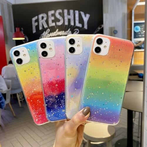 For iPhone 12 Mini Pro X XR XS Max 7 8 Plus SE 2 Rainbow Glitter Star Sequined Case Soft Shockproof Cover Fundas For iPhone 11