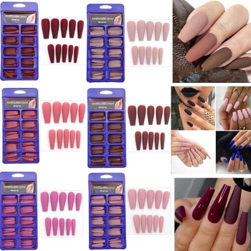 Colored Matte Coffin Nails 100pcs Long Coffin False nails Coffin Nail Tips DIY Fake Nails Nude Peach Brown Colors Ballerina
