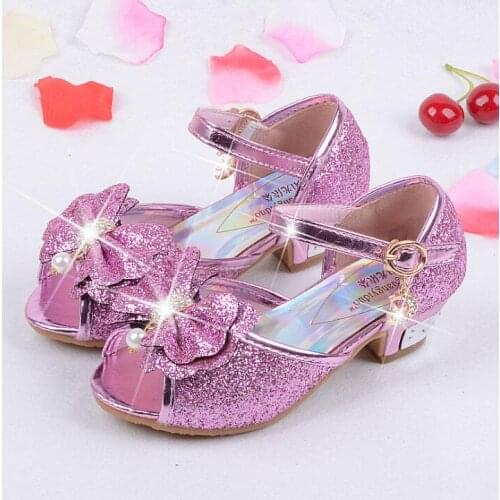 New Summer Bowtie Girls Sandals Children Glitter High Heel Sandals Princess Party Shoes Kids Fashion Shoes Size 26-37