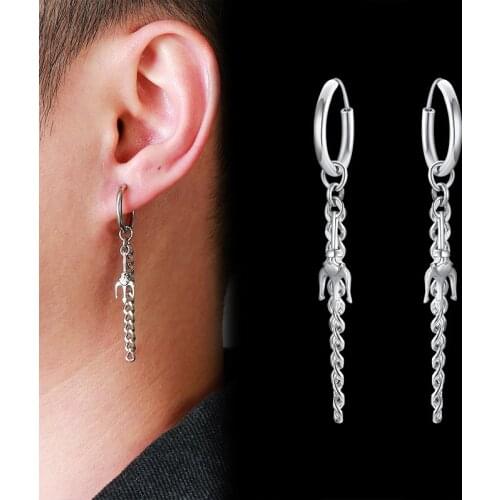 Mens Earring Trident Charms Hoops with Tassels Link Chain Stainless Steel Earing for Men Women Earrings
